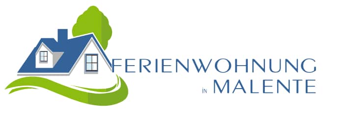 Logo der „Ferienwohnung in Malente“ mit einem Haus- und Baumsymbol in den Farben Blau und Grün, perfekt für einen Elementor-Header.